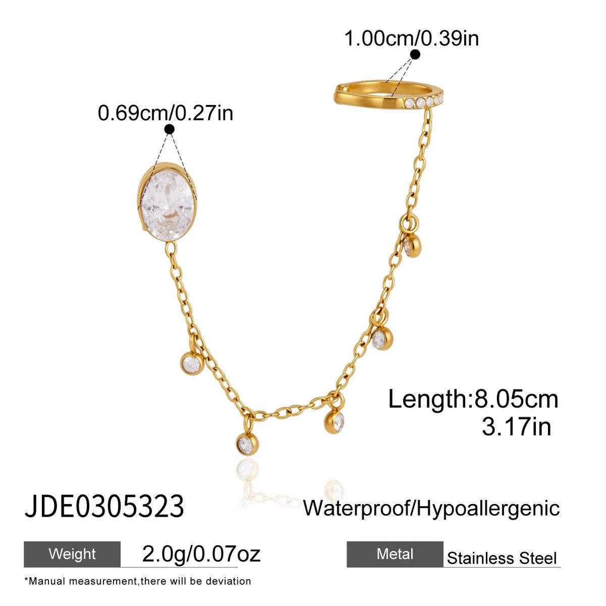 Kika 1 PC Delicate Zircon Chains Tassel Earring Gold PVD Plated Stainless Steel 316L