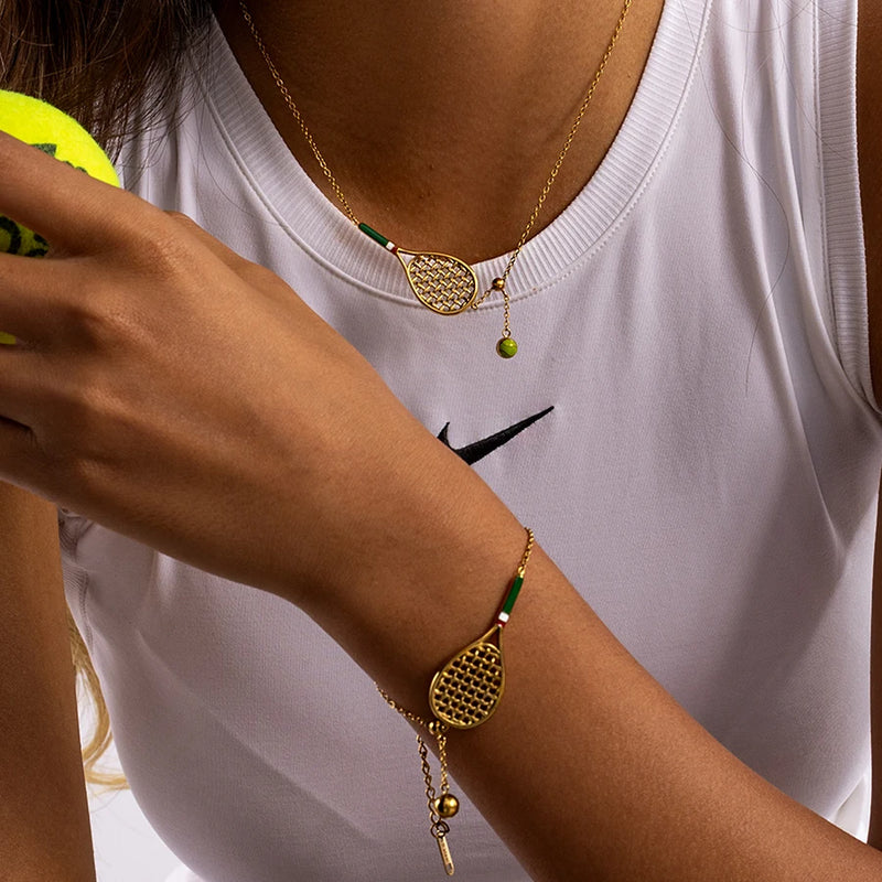 Kika Sporty Designer 18K Gold Color Plated Colored Drip Oil Tennis Racket Pendant Necklace Bracelet Stainless Steel Jewelry