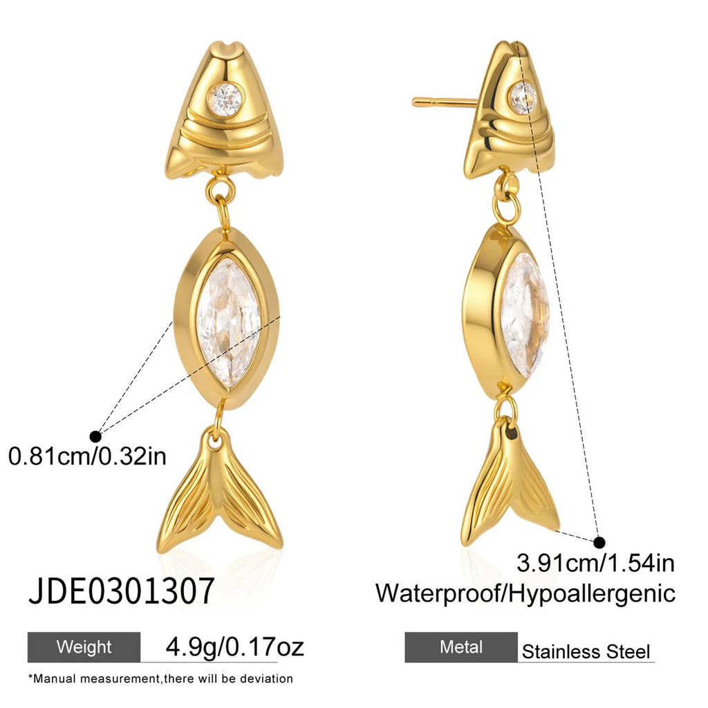 Kika Classic White Horse Eye Zircon Fish Pendant Earrings