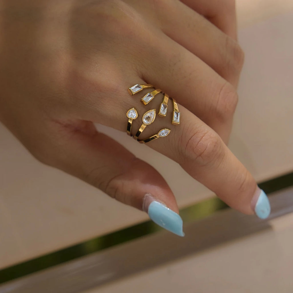 KIKA Delicate Geometric Zircon Multilayer Open Rings PVD Plated Stainless Steel 316L