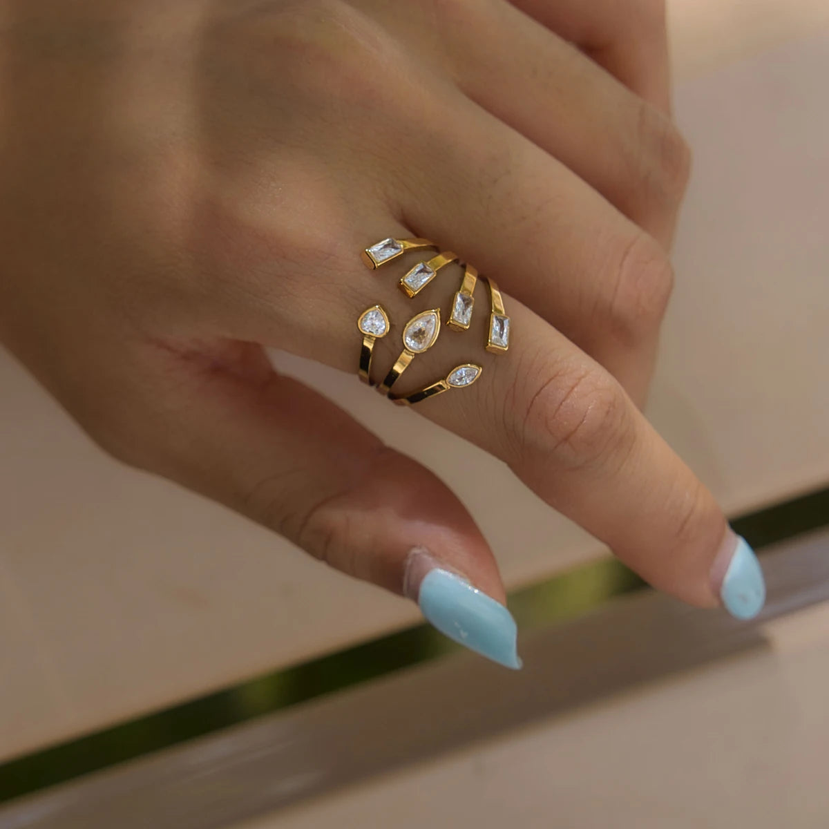 KIKA Delicate Geometric Zircon Multilayer Open Rings PVD Plated Stainless Steel 316L