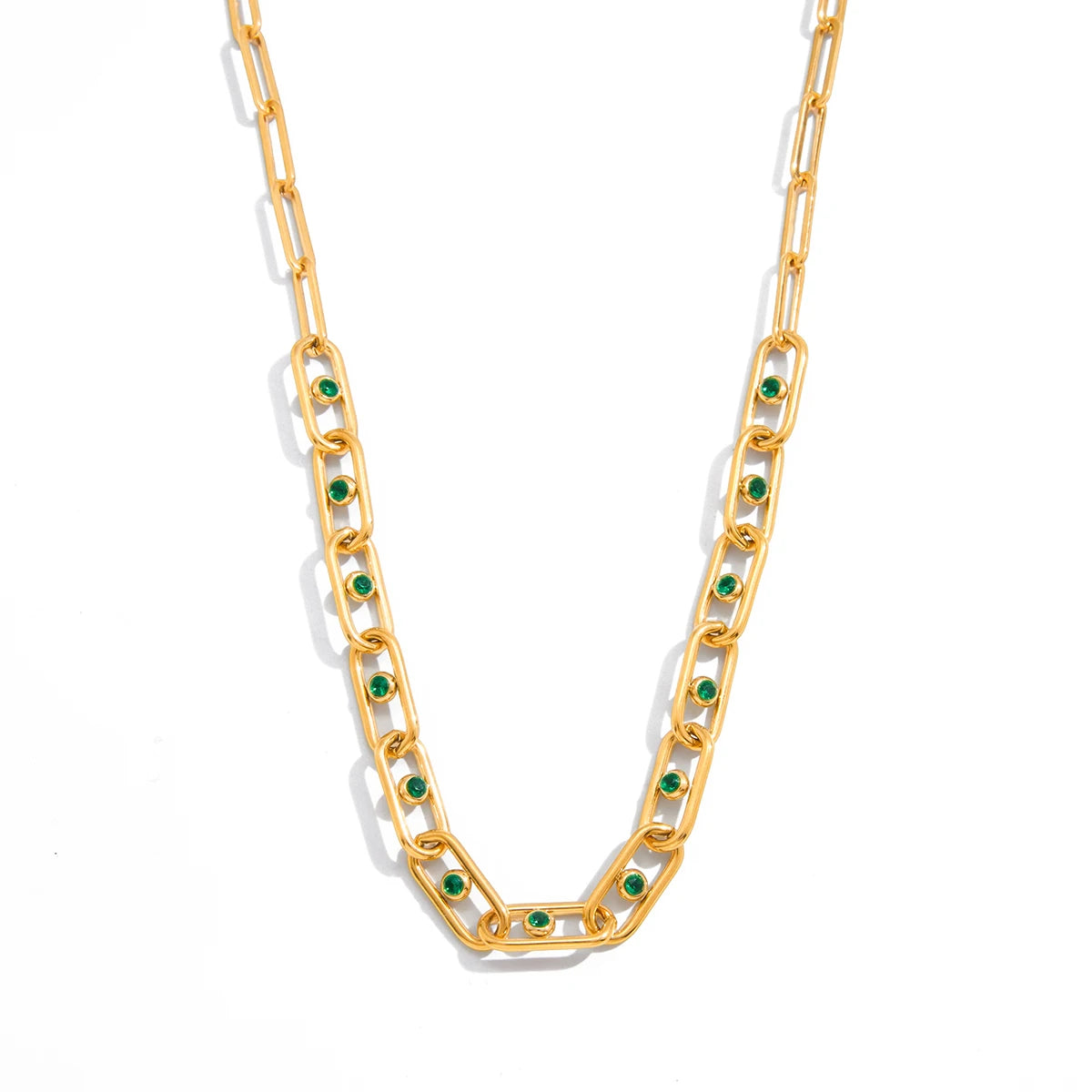 Hollow-Out Paperclip Chain Necklace With Green Rhinestones