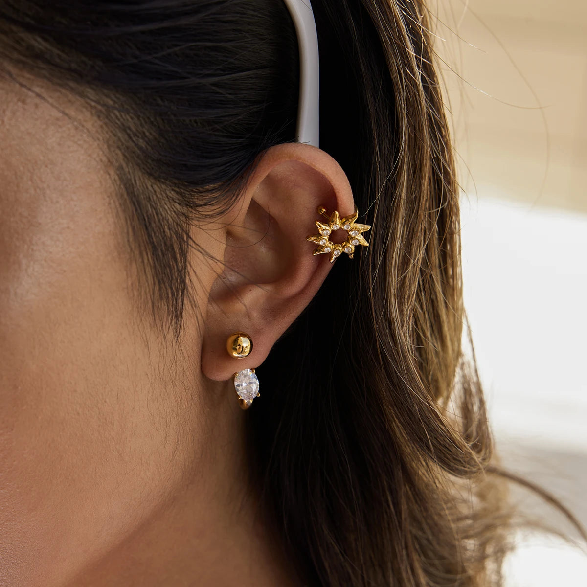 KIKA Classic Minimalist 18K Gold Color PVD Plated Inlay White Rhinestone Sun Shape Ear Clip Hypoallergenic Stainless Steel 316L