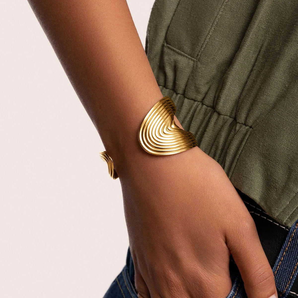 Ribbed Double Layered Hollow Bracelet Adjustable Bangle