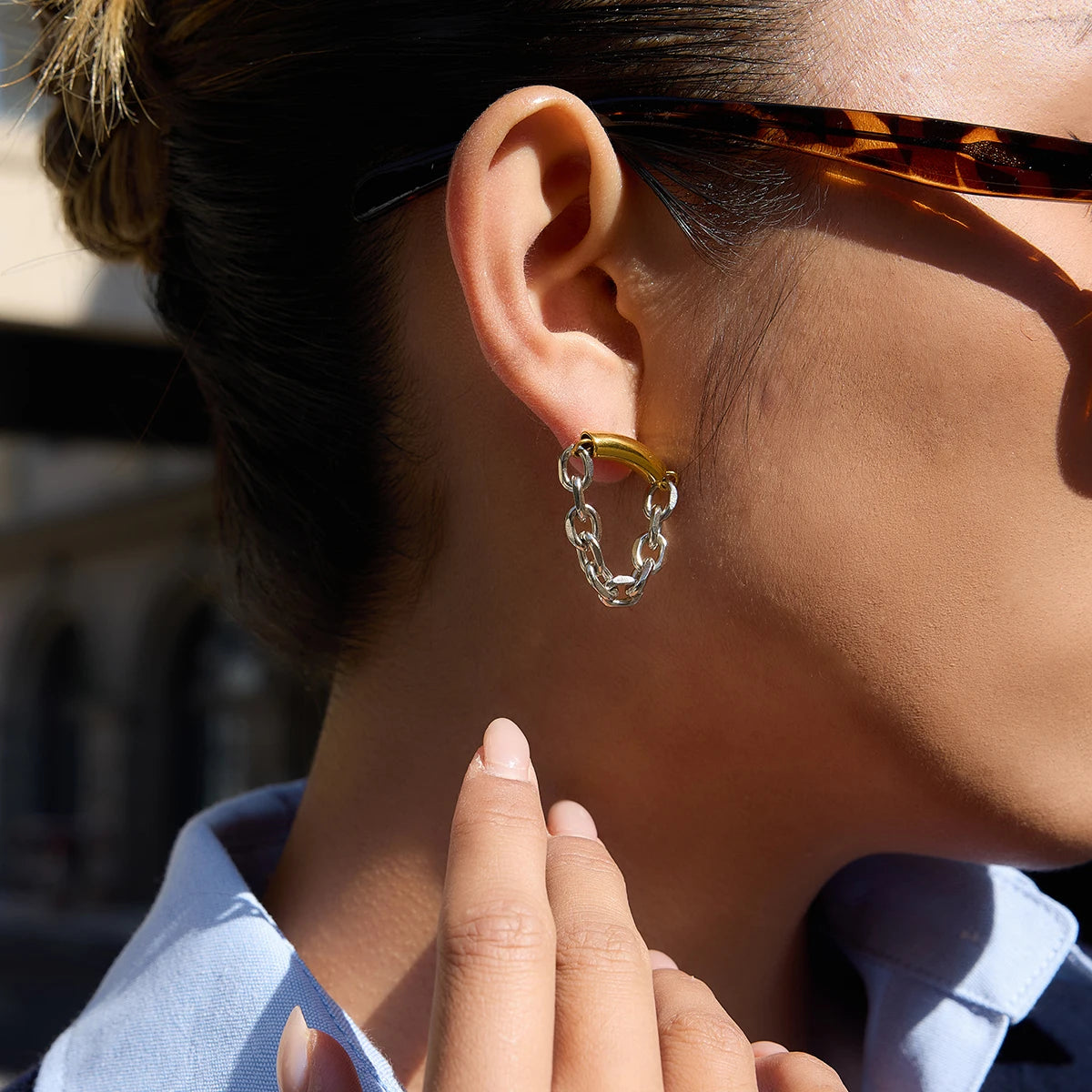 Minimalist 18K Gold And Silver Color-block Chain Tassel Earrings