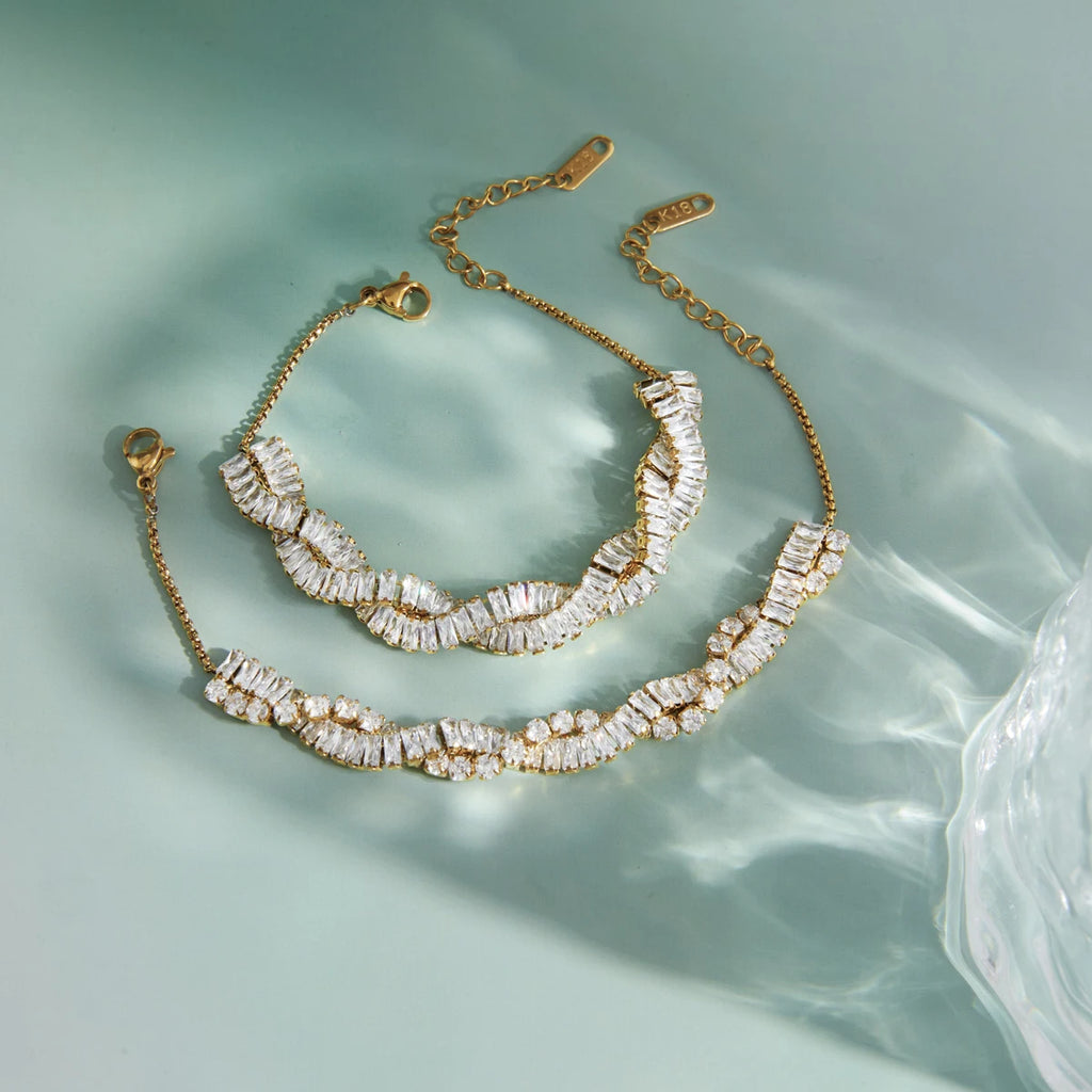 KIKA Delicate White Double-Layer Geometric Square Circular Zircons Winding Bracelet  Stainless Steel 316L
