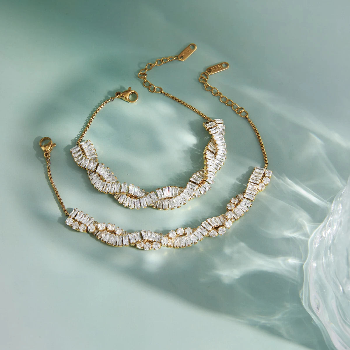 KIKA Delicate White Double-Layer Geometric Square Circular Zircons Winding Bracelet  Stainless Steel 316L