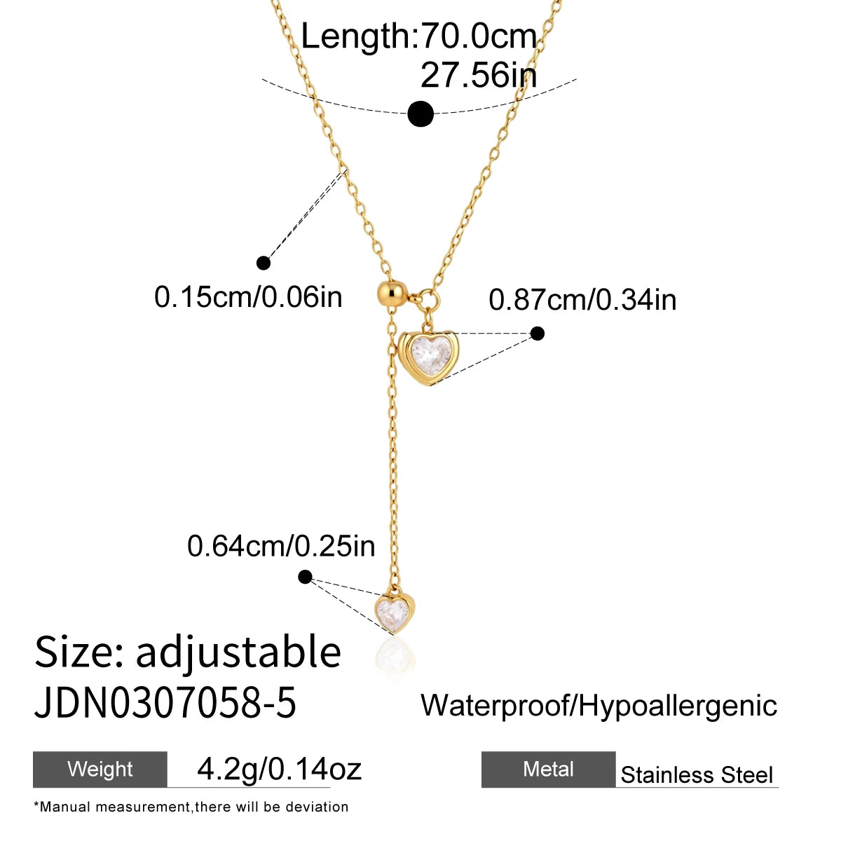 KIKA Geometric Zircon Pendant Necklace For Women Adjustable 70cm Long Chain 18K Gold PVD Plated Stainless Steel 316L