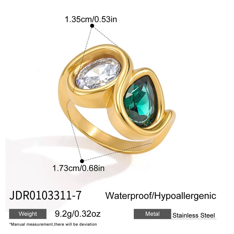 KIKA Delicate Green White Teardrop Shaped Zircon Splicing Ring PVD Plated Stainless Steel 316L