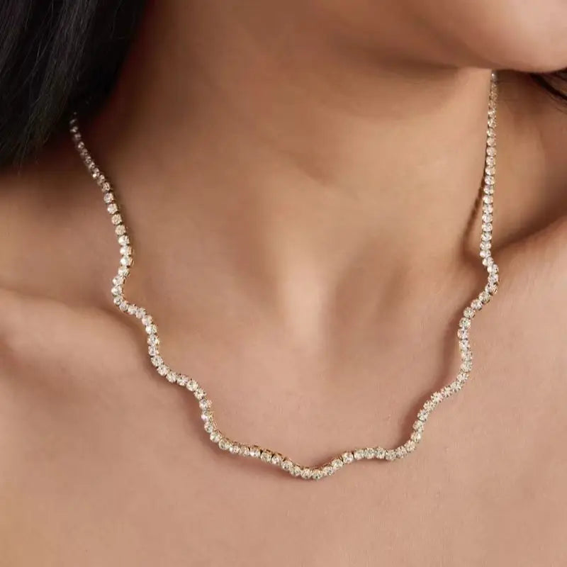 KIKA Classic Crystal Tennis Chain Wave Shape Necklace For Women 18K Gold PVD Plated Stainless Steel Necklace Fashion Jewelry
