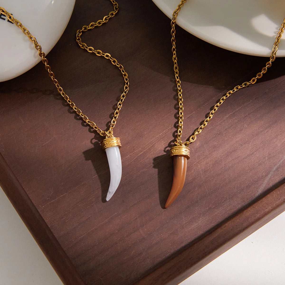 Vintage White Brown Resin Ox Horn Pendant Cross Chain Necklace
