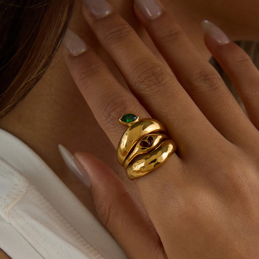 KIKA Fashion Independent Designer's 18K Gold Color Plated Stainless Steel Apple Hammer Pattern Stackable Ring Women's Jewelry