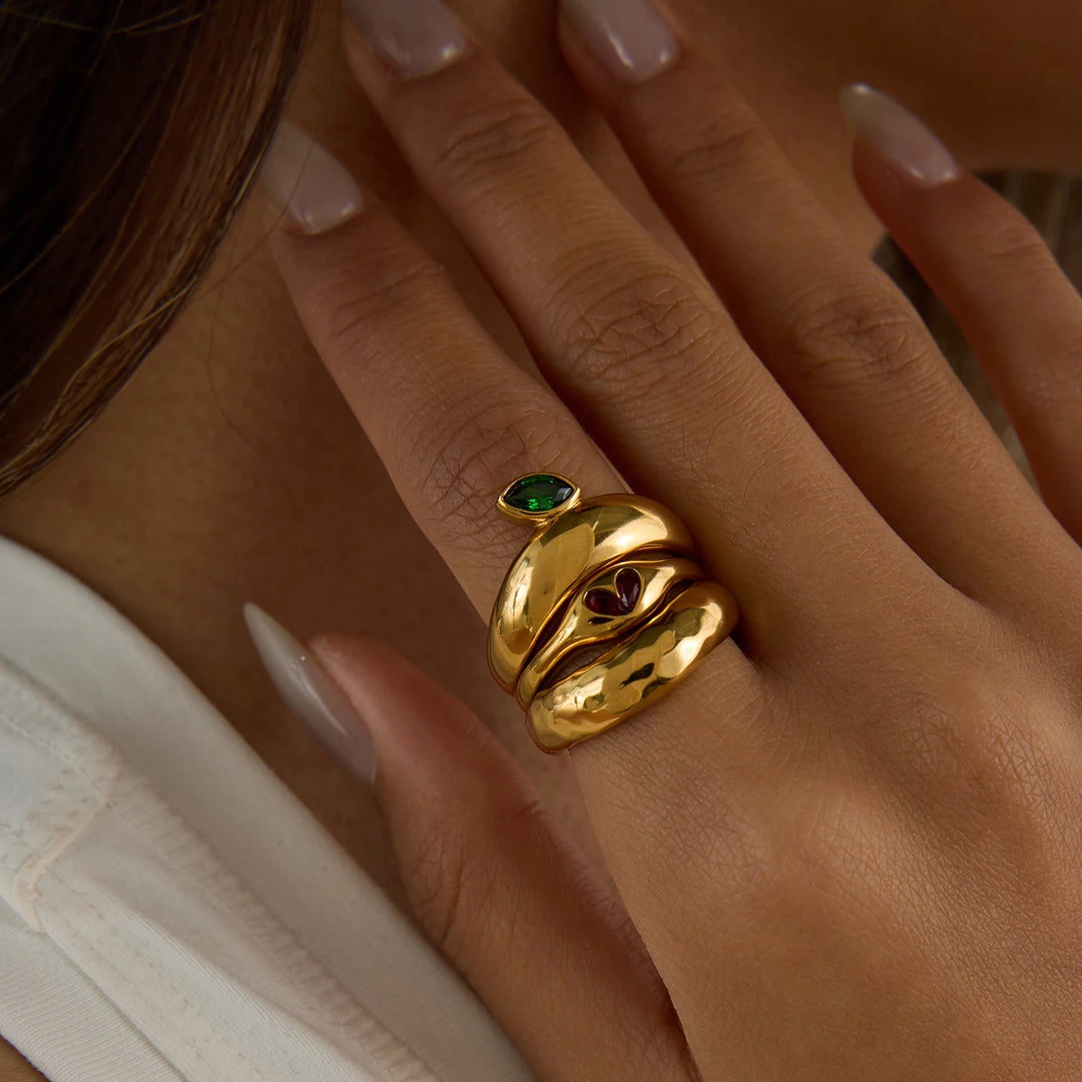 KIKA Fashion Independent Designer's 18K Gold Color Plated Stainless Steel Apple Hammer Pattern Stackable Ring Women's Jewelry