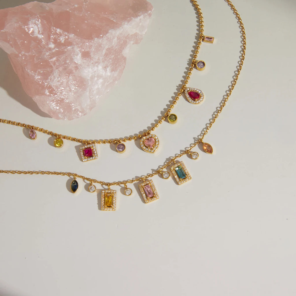 Kika Delicate 18K Colorful Square Geometric Zircon Pendant Bead Chain Necklace
