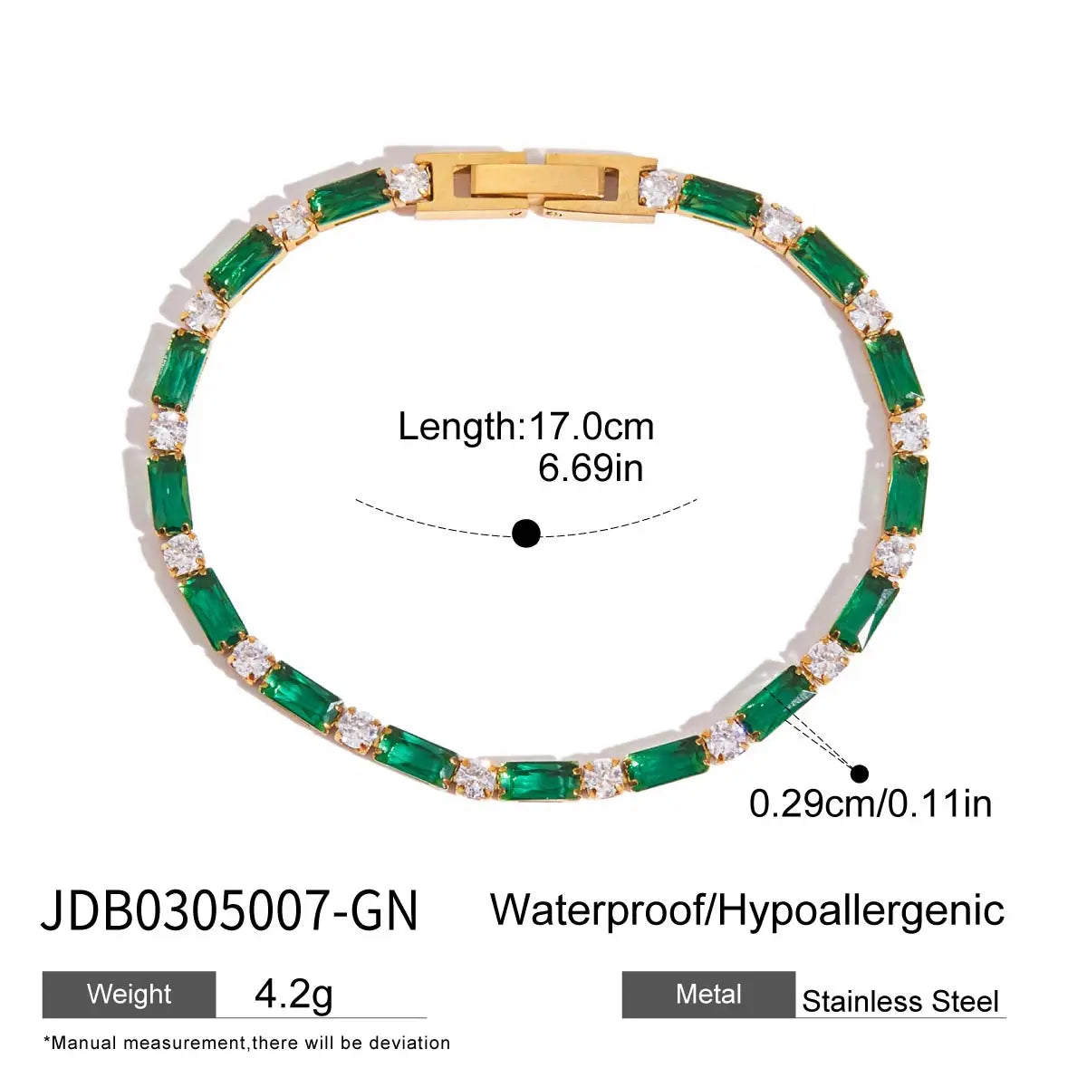 Kika Fashion Trend 18K Gold Color Plated Stainless Steel Rectangular Green Zirconia Chain Bracelet