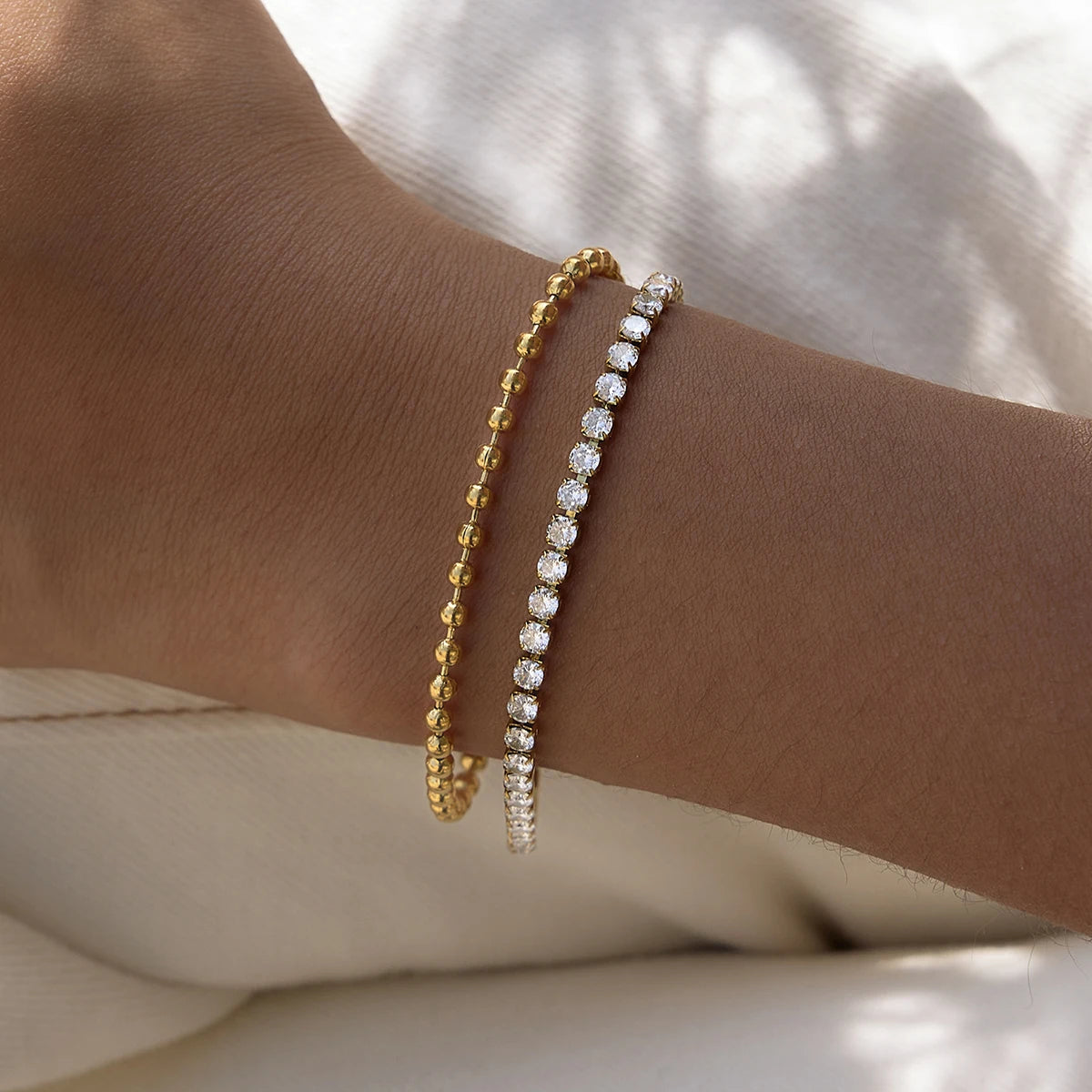 Kika Delicate White Zircon Chain With Gold Color Bead Chain Double-Layer Bracelet