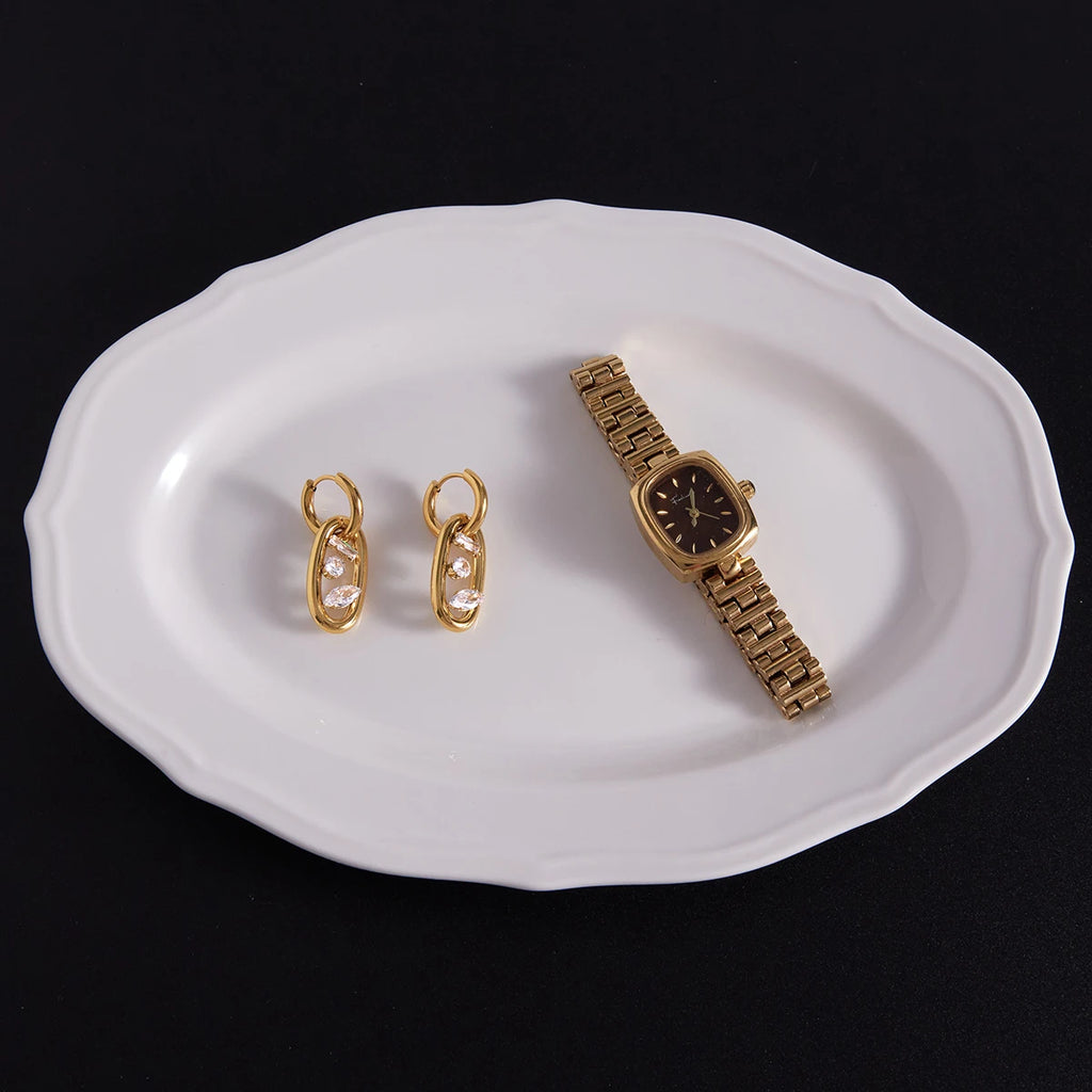 KIKA Classic 18K PVD Plated Gold Color Stainless Steel 316L Geometric Double Ring Earrings With White Zircon Women Waterproof Jewelry