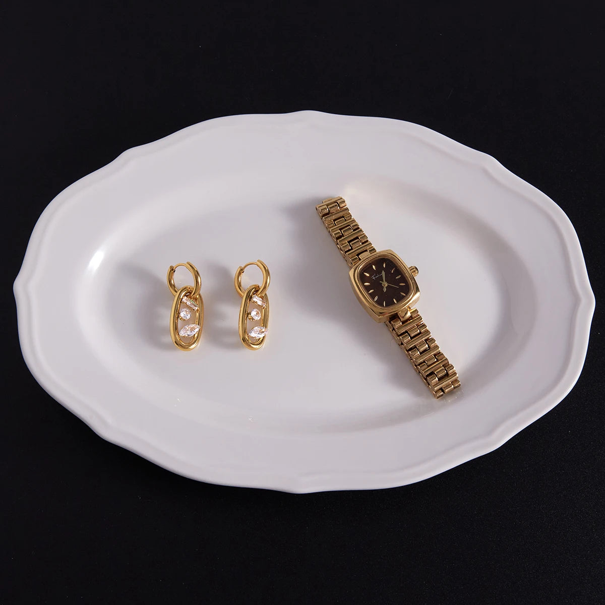 KIKA Classic 18K PVD Plated Gold Color Stainless Steel 316L Geometric Double Ring Earrings With White Zircon Women Waterproof Jewelry