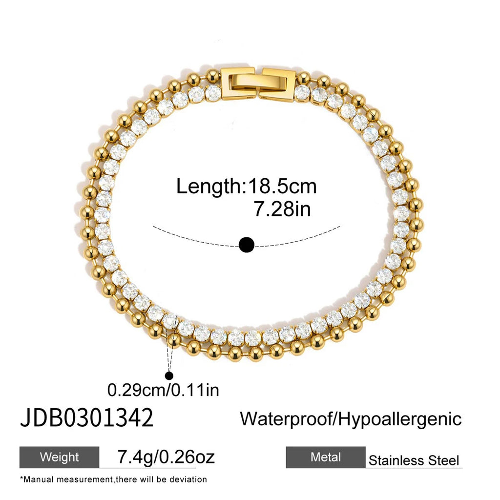 Kika Delicate White Zircon Chain With Gold Color Bead Chain Double-Layer Bracelet