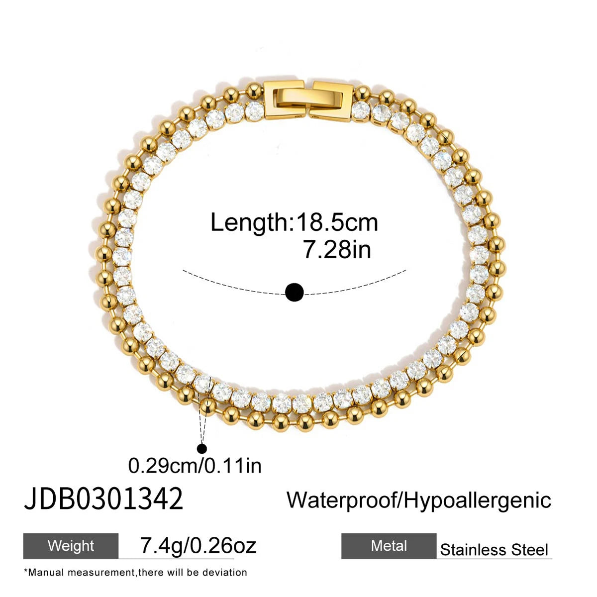 Kika Delicate White Zircon Chain With Gold Color Bead Chain Double-Layer Bracelet