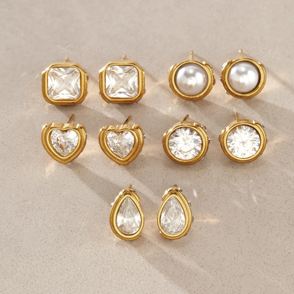 KIKA Classic Geometric Zircon Stud Earrings For Women Minimalist 18K Gold PVD Plated Stainless Steel 316L