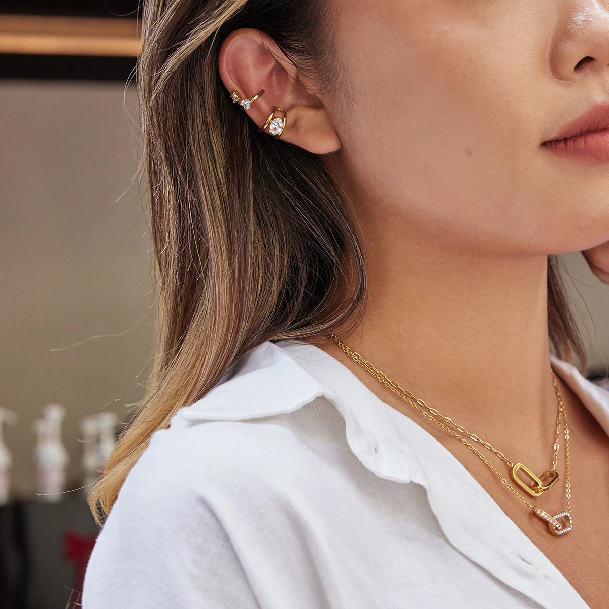 Minimalist White Zircon Two Hearts Ear Studs