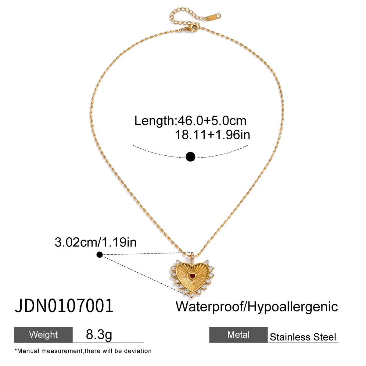 Red Rhinestone Ribbed Heart-Shaped Pendant Necklace Stainless Steel