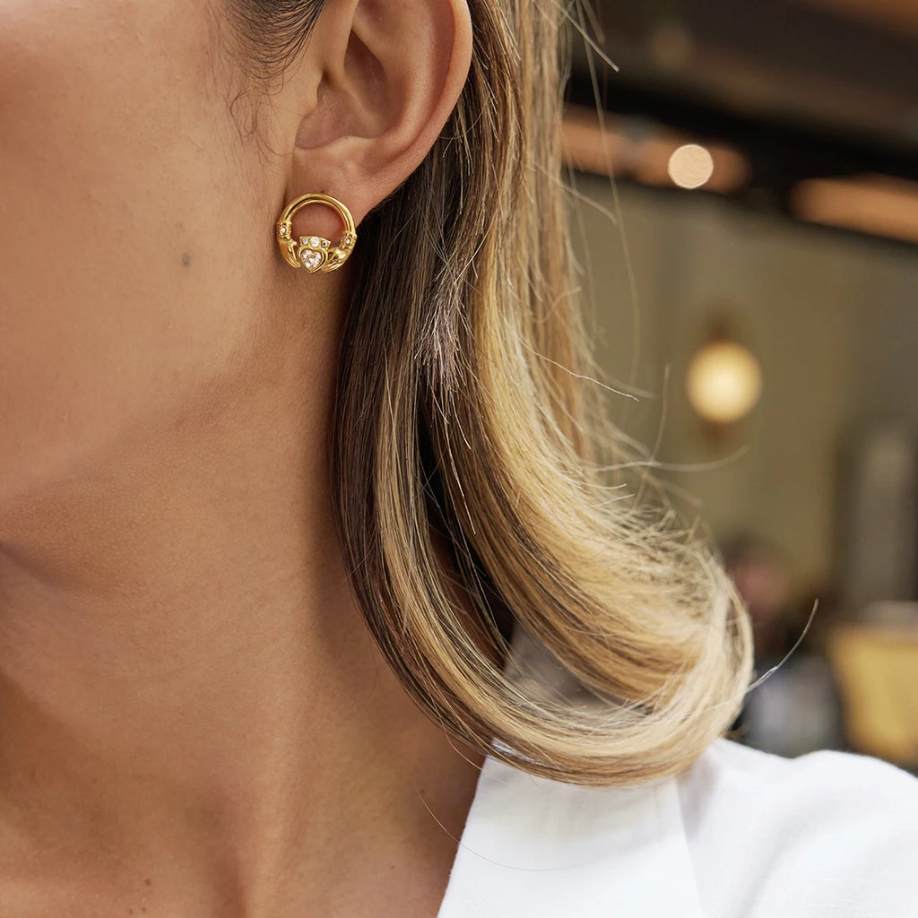 White Heart Shape Rhinestone Friendship Hands Hoop Earring