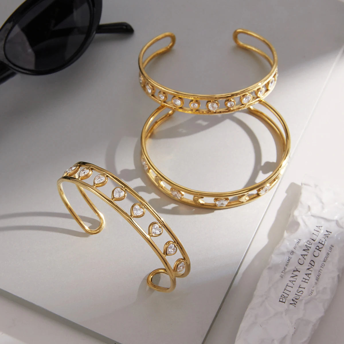 Kika Round Heart Star Zircon Cuff Bracelet For Women Multilayer 18K Gold Plated Stainless Steel Open Bangle Fashion Jewelry
