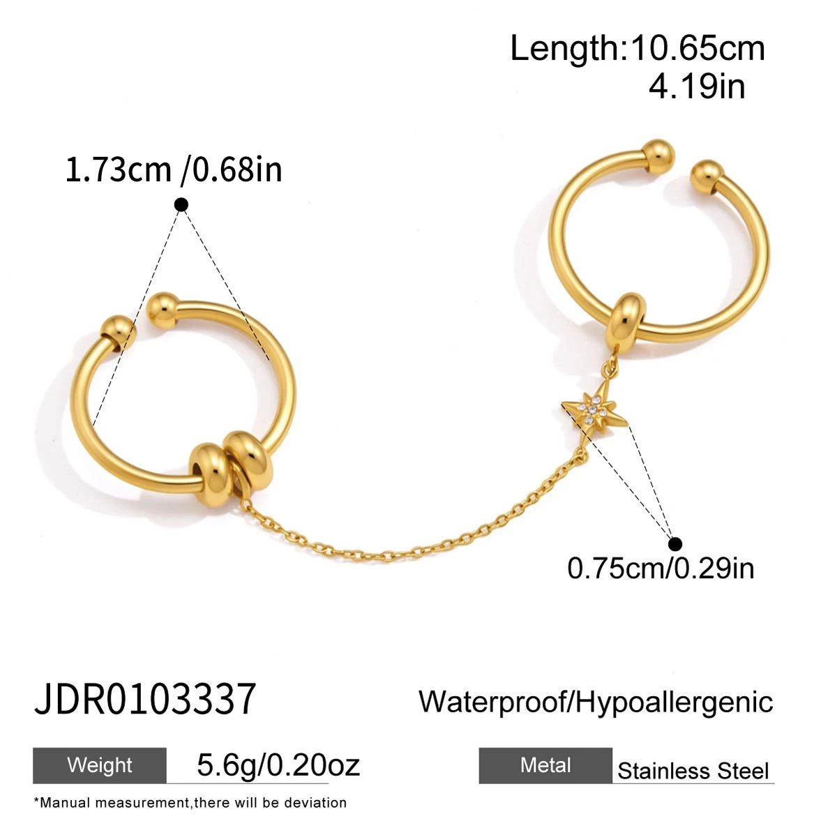 Kika Crystal Star Short Tassel Open Rings Minimalist 18K Gold PVD Plated Stainless Steel 316L