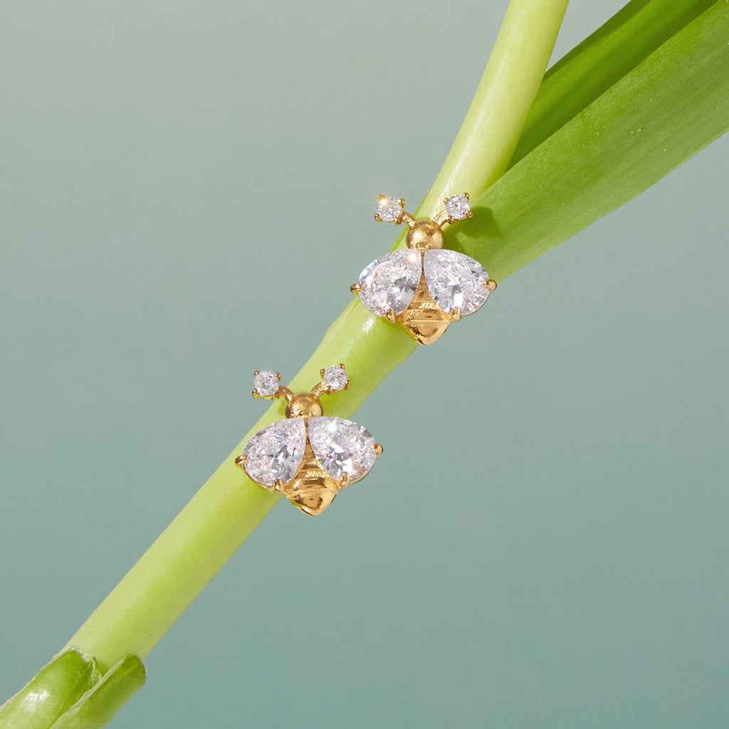 KIKA Classic Personality 18K Gold Color PVD  Plated Inlay White Zircon Bee Earrings Hypoallergenic Stainless Steel 316L