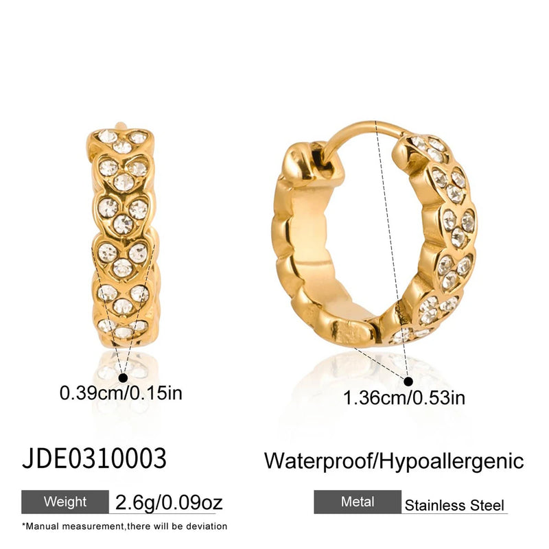 KIKA Classic PVD Plated Gold Color White Rhinestone Heart-Shaped Hoop Earring  Stainless Steel 316L Waterproof