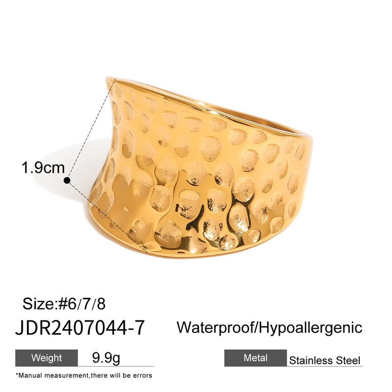 Kika Exaggerated Wide Hammered Concave Ring 18K Gold Color Waterproof Fashion Minimalist Statement Charm Jewelry Women