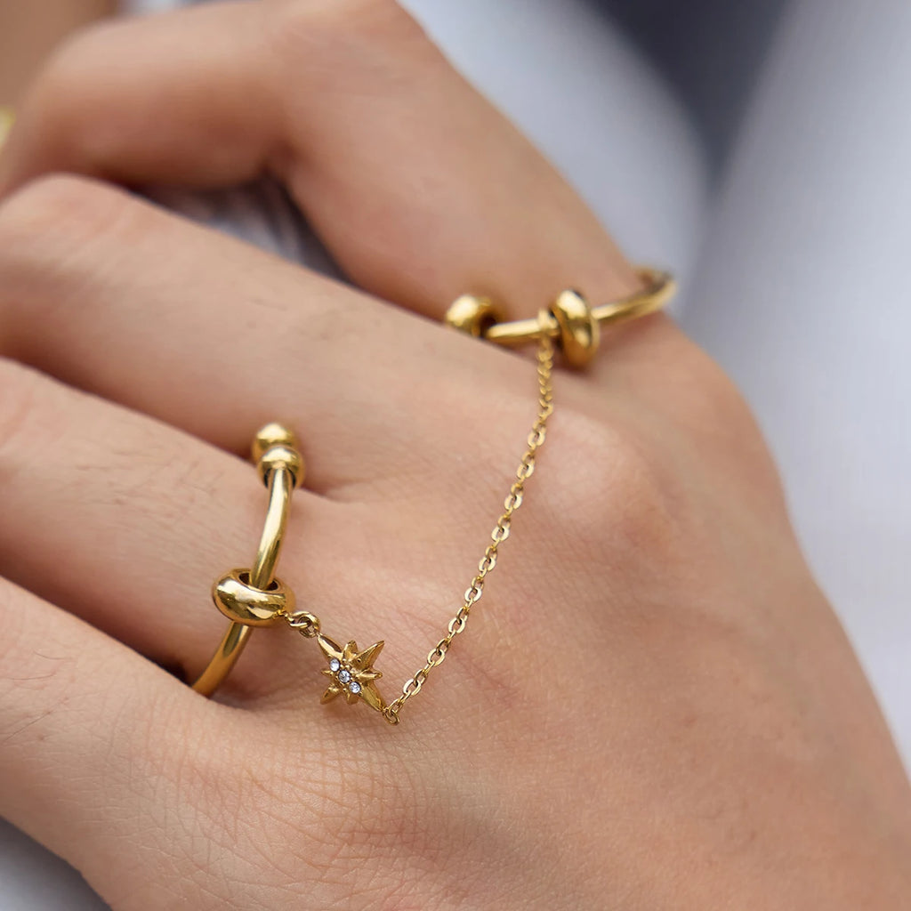 Kika Crystal Star Short Tassel Open Rings Minimalist 18K Gold PVD Plated Stainless Steel 316L