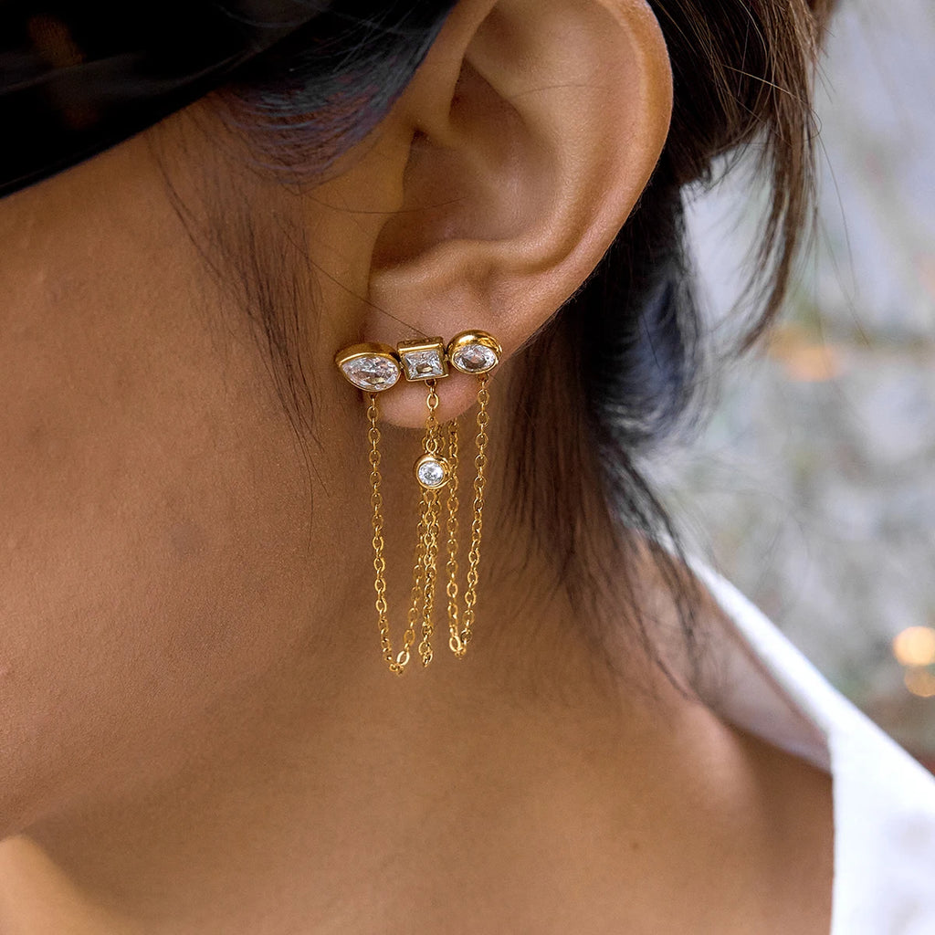 Kika Delicate Zircon Earrings Minimalist 18K Gold PVD Plated Stainless Steel Chains 316L