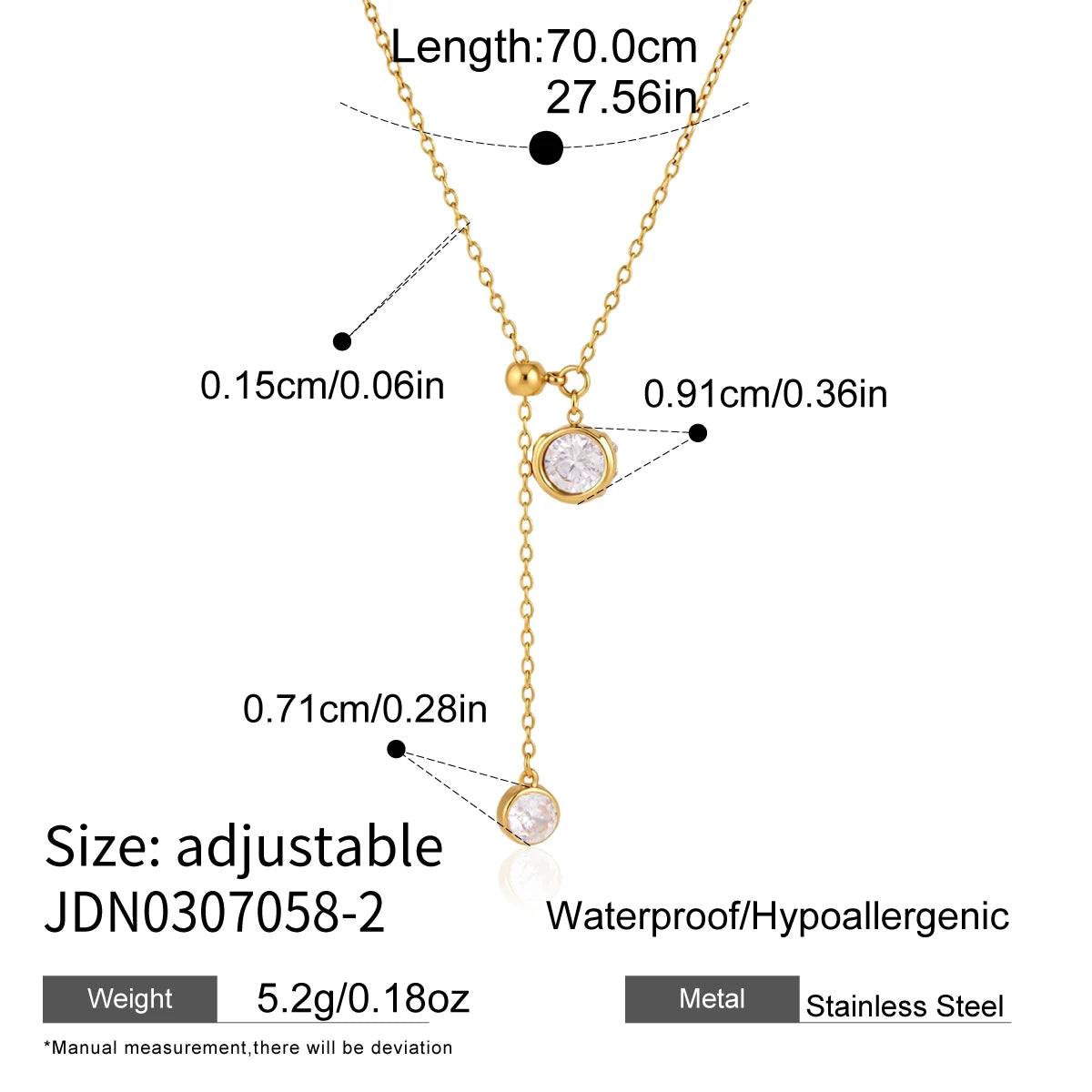 KIKA Geometric Zircon Pendant Necklace For Women Adjustable 70cm Long Chain 18K Gold PVD Plated Stainless Steel 316L