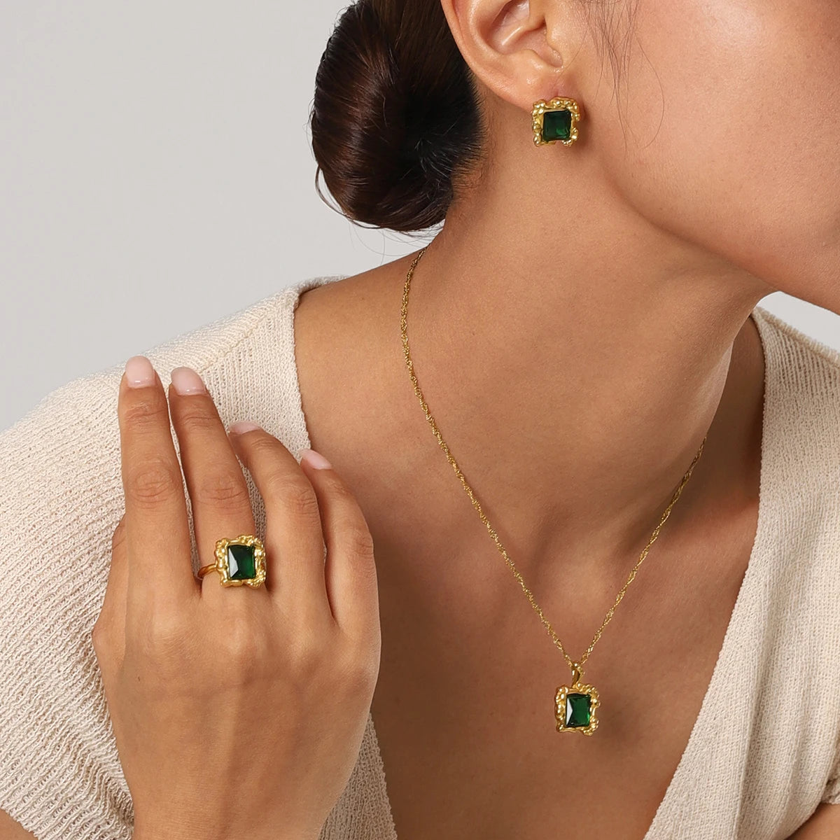 Kika Retro 18K Gold Color Stainless Steel Green Zircon Geometric Earrings