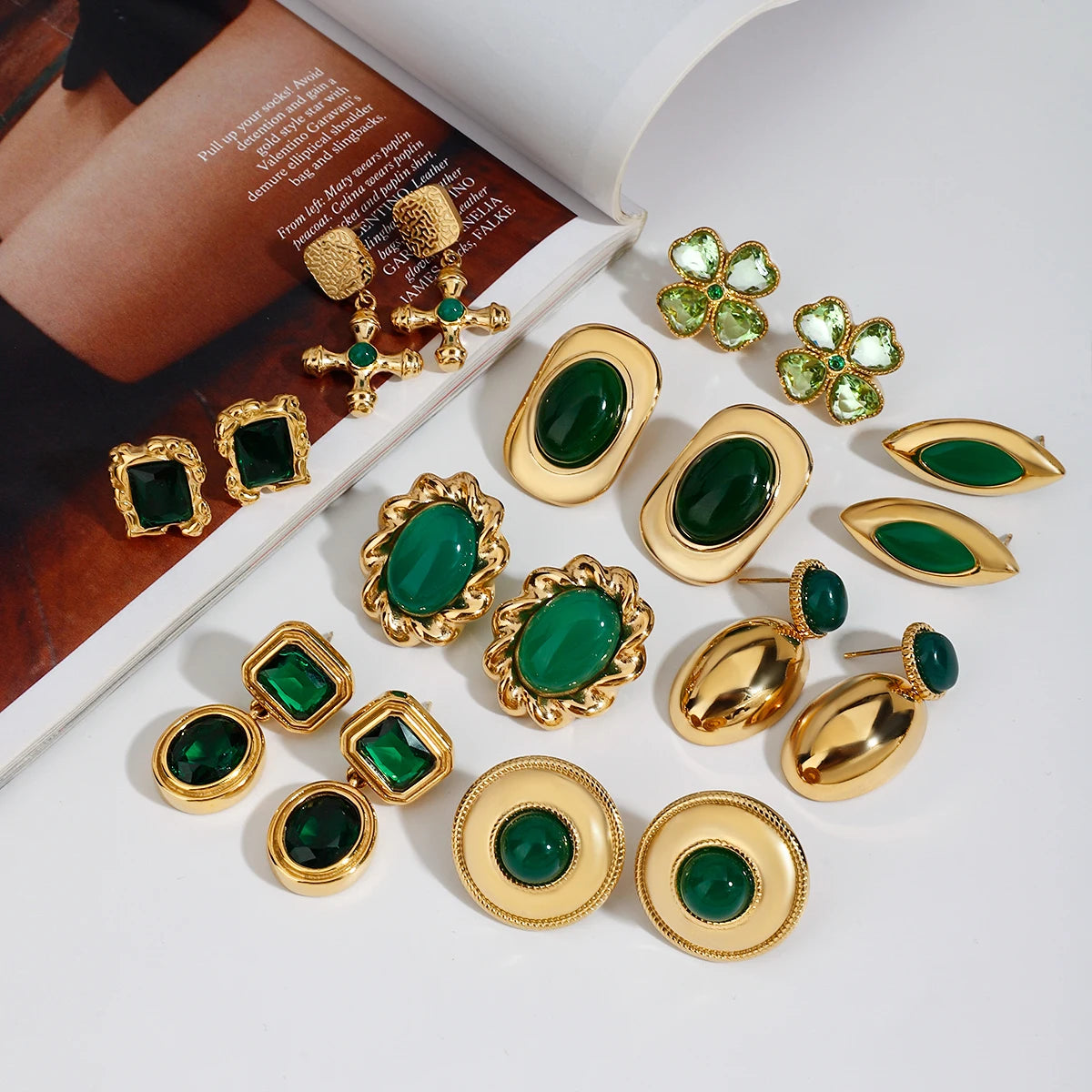 Kika Retro 18K Gold Color Stainless Steel Green Zircon Geometric Earrings