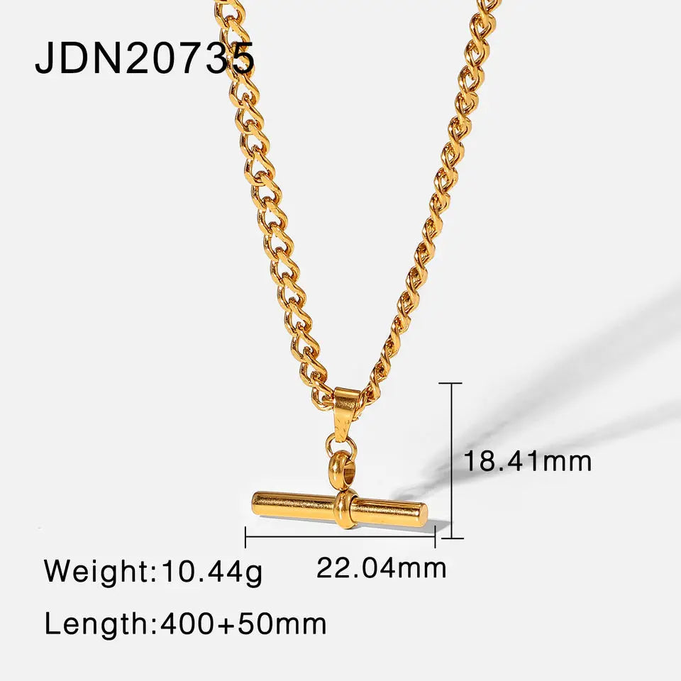 Kika New 18K Gold Color Plating Figaro Cuban Chain T-bar Pendant Necklace