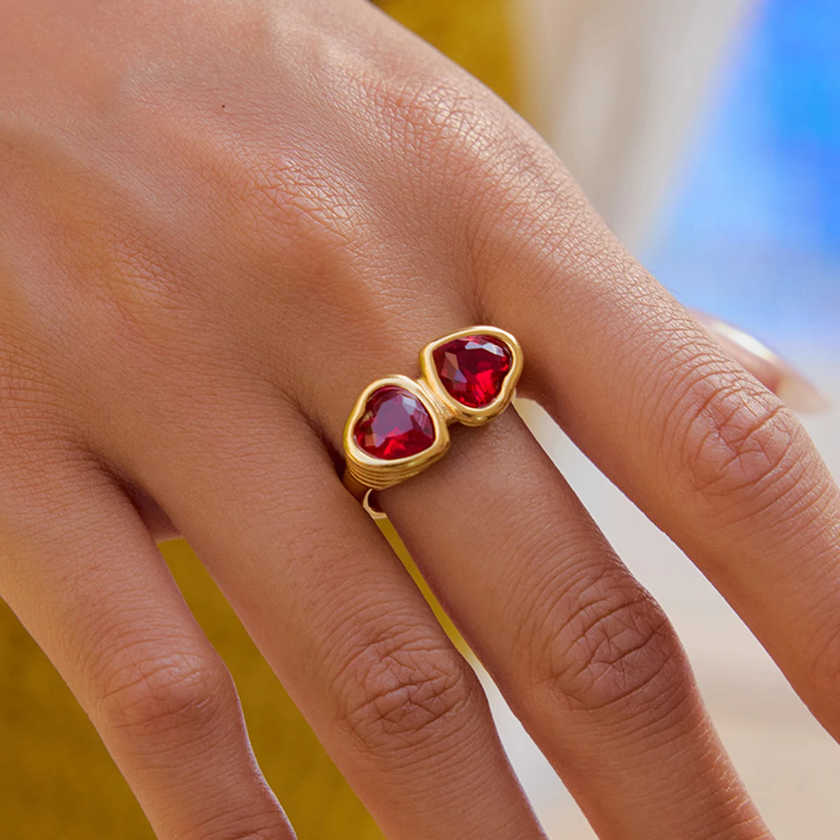 Kika Vintage Deep Red Zircon Heart Ring 18K Gold Color Plated Stainless Steel