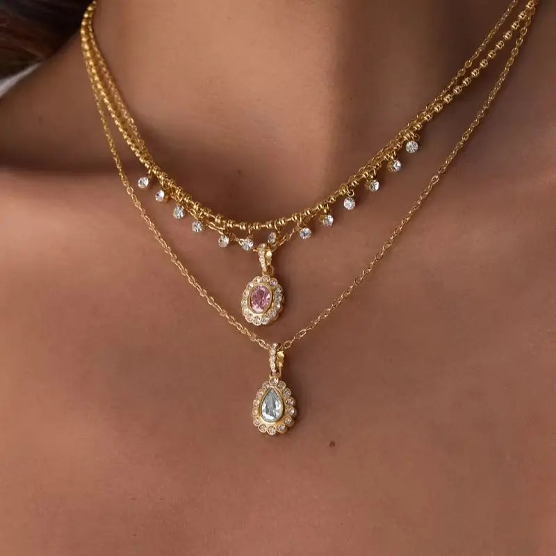 KIKA White Pink Zircon Pendant Necklace PVD Plated Stainless Steel 316L