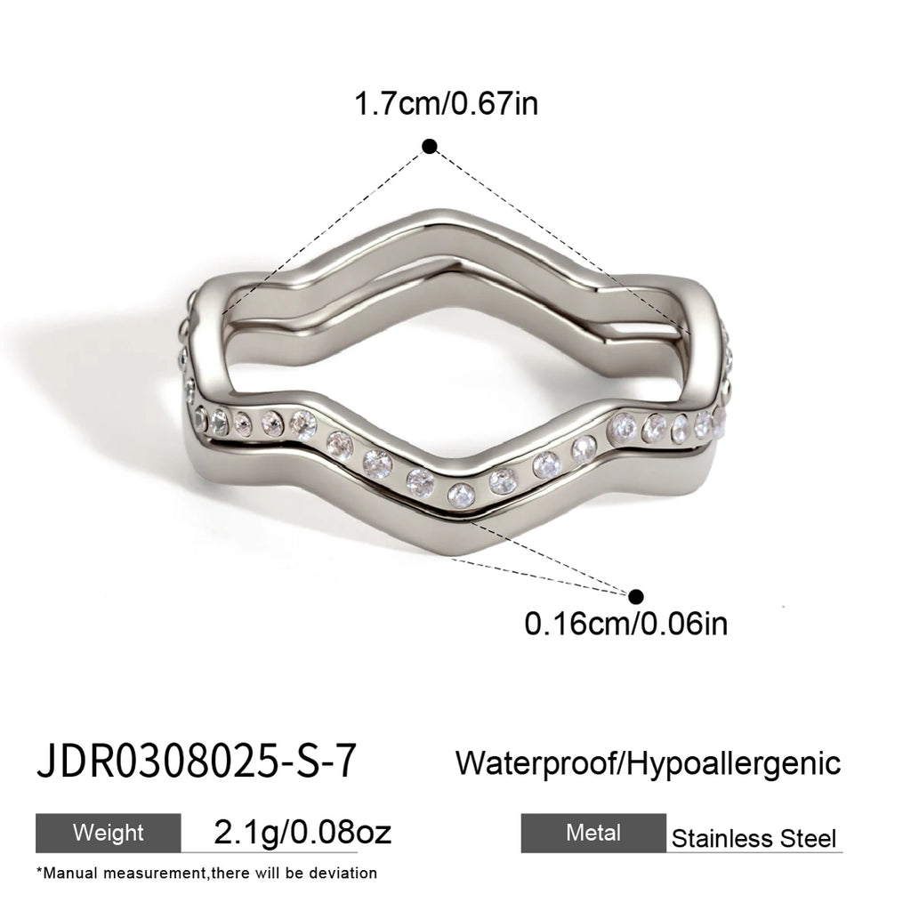 KIKA 2 Pcs/Set Zircon Wave Shape Rings For Women Minimalist 18K Gold PVD Plated Stainless Steel Rings Fashion Jewelry Gift