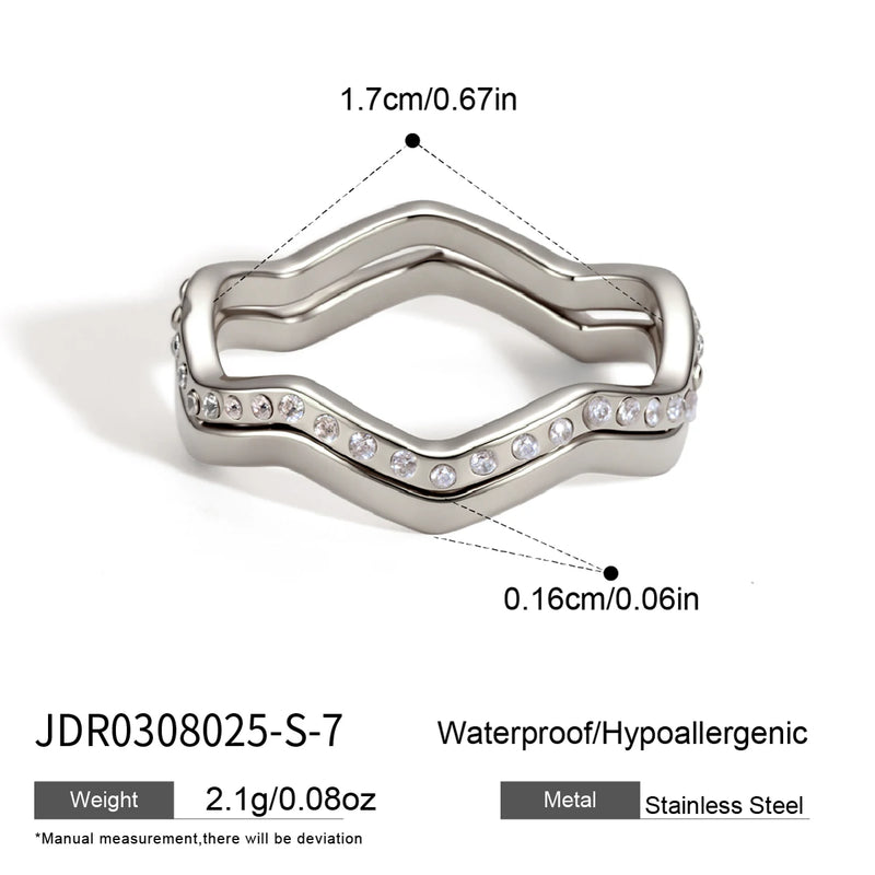 KIKA 2 Pcs/Set Zircon Wave Shape Rings For Women Minimalist 18K Gold PVD Plated Stainless Steel Rings Fashion Jewelry Gift