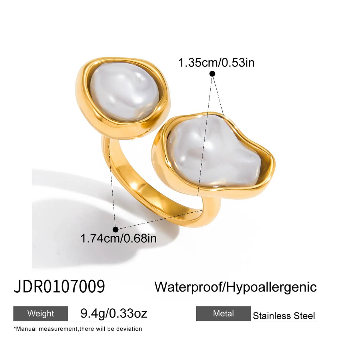KIKA Simple and Elegant 18K Gold Color PVD Plated Stainless Steel 316L Baroque Shaped Pearl Asymmetric Ring Stackable Pearl
