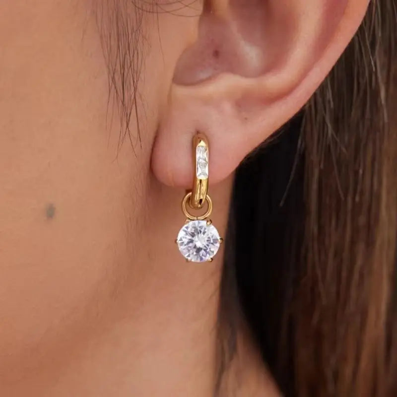 KIKA Round Zircon Pendant U Shape Clip Earrings 18K Gold PVD Plated Stainless Steel 316L