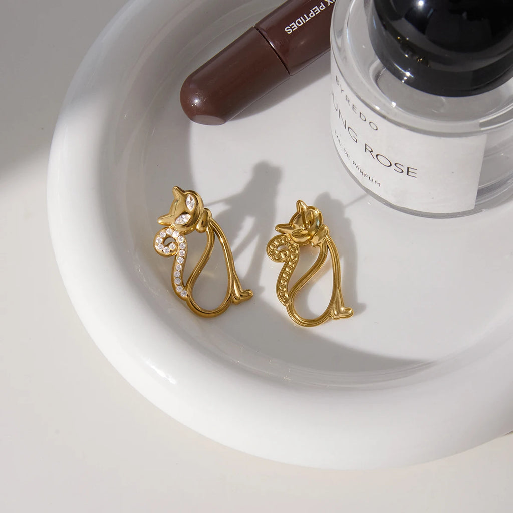 White Rhinestone Hollow Cat Shape Earrings