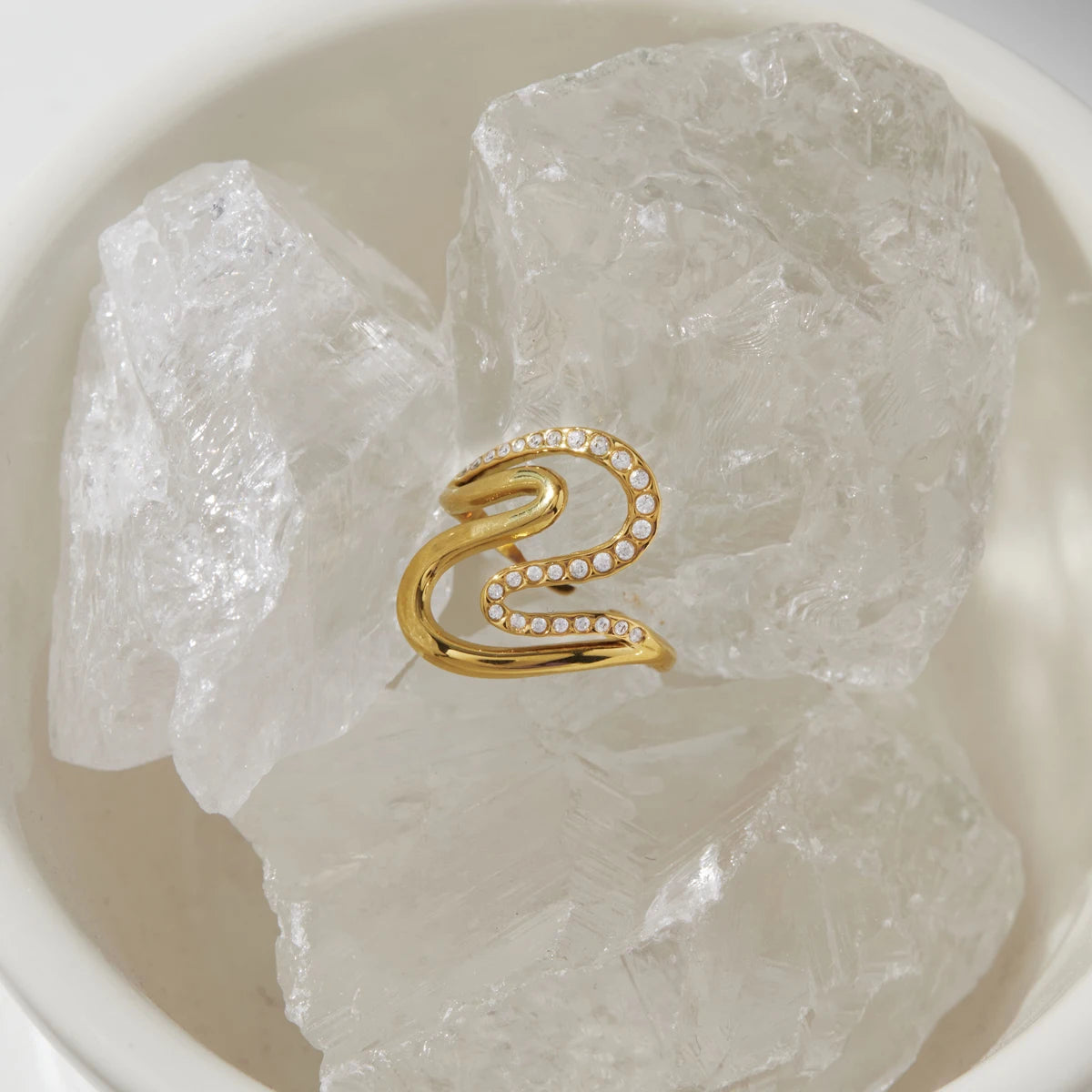 KIKA Classic Zircon Wave Shape Hollow Open Ring PVD Plated Stainless Steel 316L