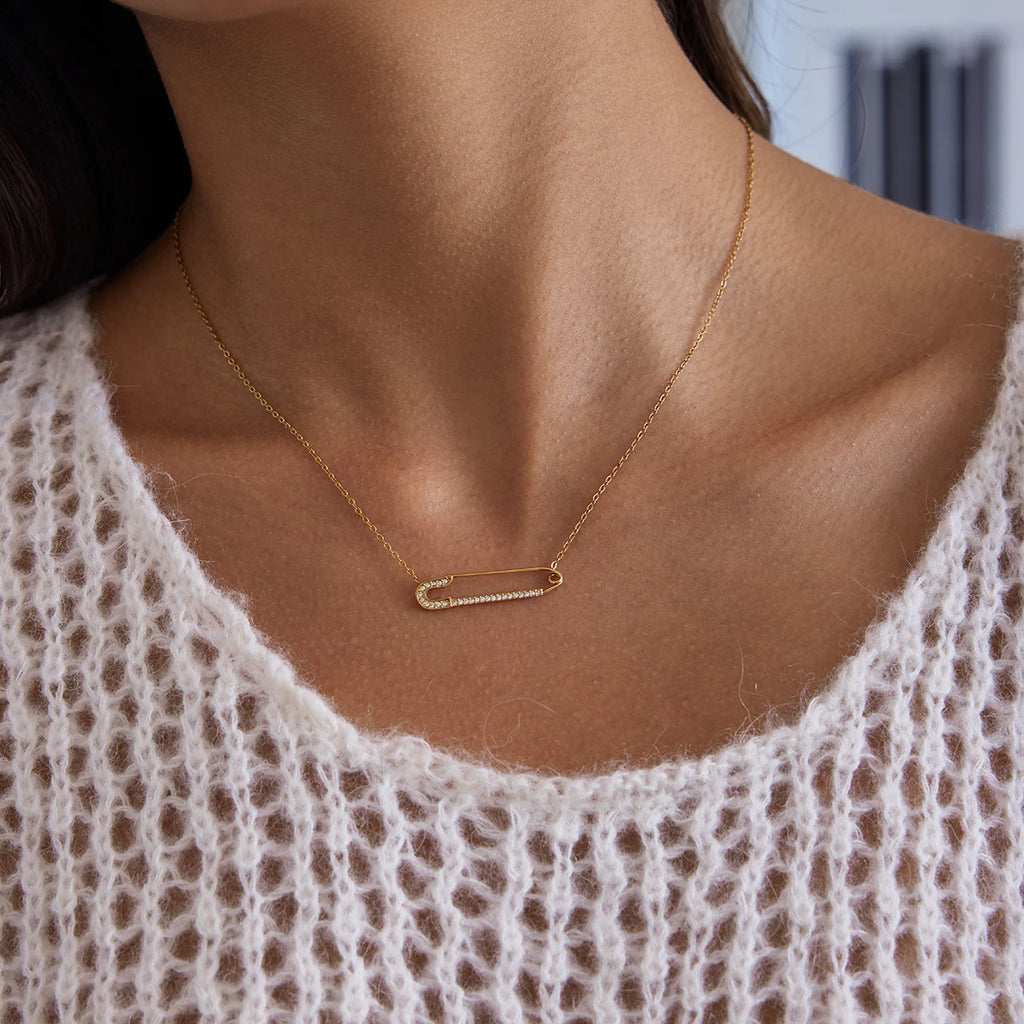 Kika Minimalist Classic 18K Gold Color Plated Inlay White Zircon Paperclip Necklace