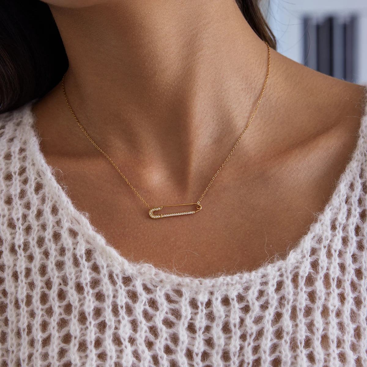 Kika Minimalist Classic 18K Gold Color Plated Inlay White Zircon Paperclip Necklace
