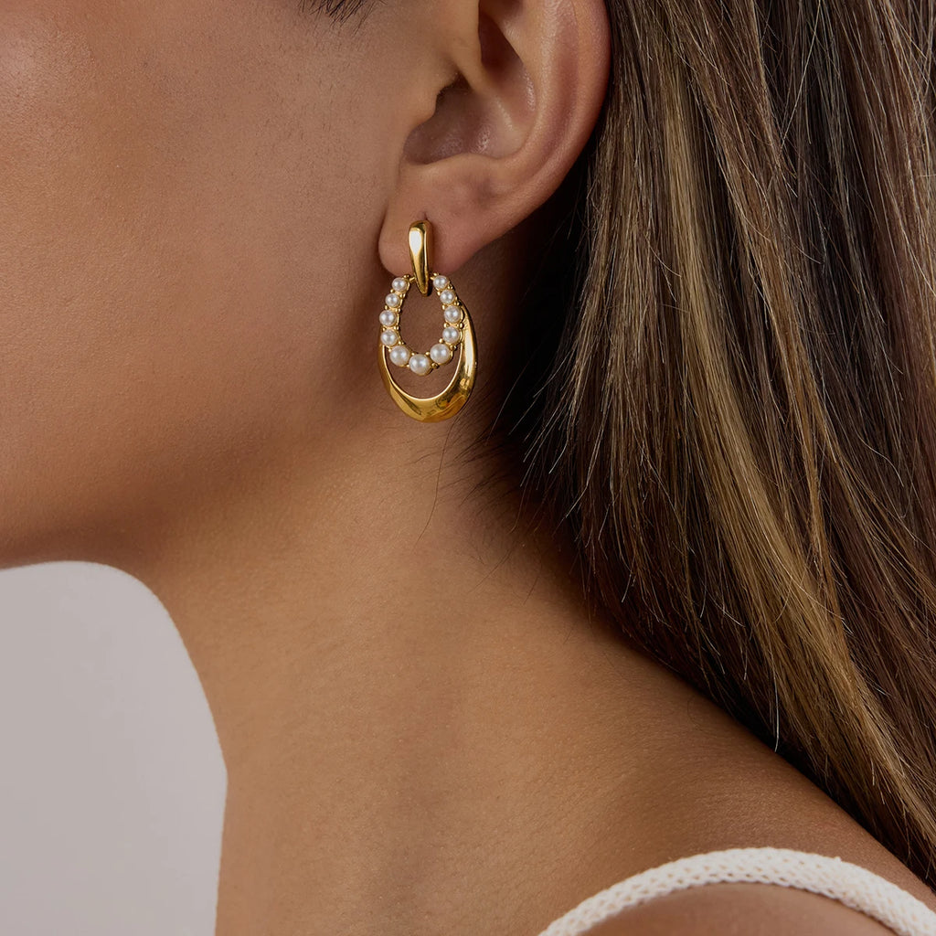 KIKA Fashion Pearl Hollow Door Handle Earrings 18K Gold Color PVD Plated Stainless Steel 316L Oval
